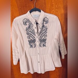 Bleu Bayou L White Cotton Embroidered Tunic Blouse 3/4 Sleeve Boho